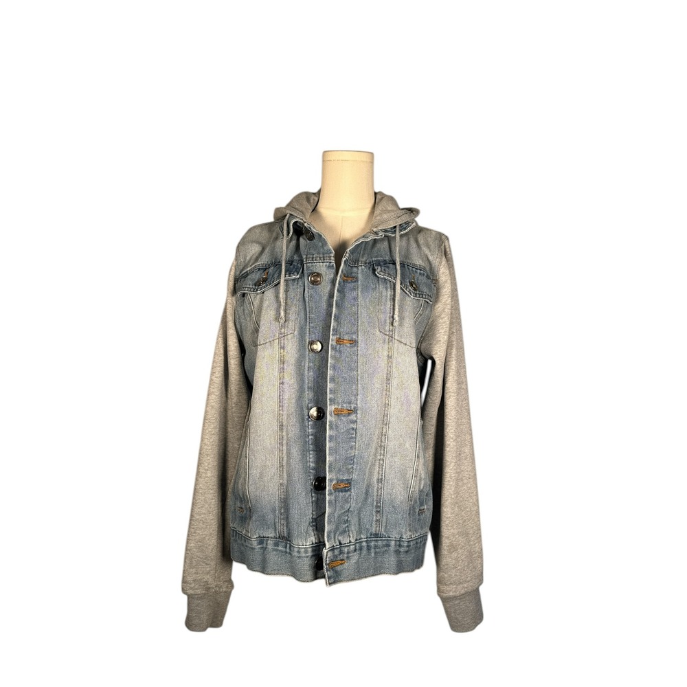 RUE 21 Denim Jacket with Gray Hooded‎ Sweatshirt Sleeves Women's Medium